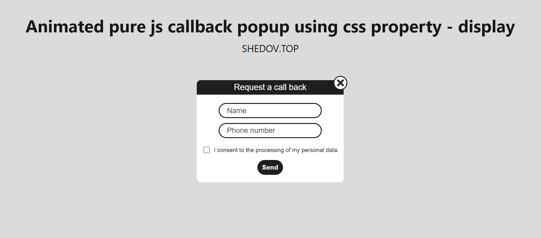 animated pure js callback popup using the display css property